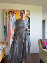 Load image into Gallery viewer, Side profile of hand-dyed cupro lurex pinstripe maxi dress showing full length