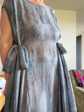 Load image into Gallery viewer, Three-quarter view of hand-dyed steel blue cupro lurex pinstripe maxi dress