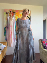 Load image into Gallery viewer, Front view showing drape and movement of hand-dyed cupro lurex pinstripe maxi dress
