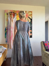 Load image into Gallery viewer, Full front view of hand-dyed steel blue cupro lurex pinstripe maxi dress