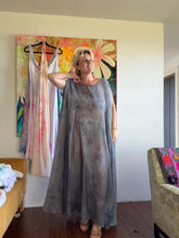 Load image into Gallery viewer, Back view of hand-dyed steel blue cupro lurex pinstripe maxi dress