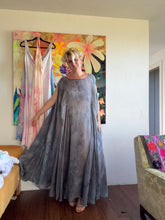 Load image into Gallery viewer, Front side view of hand-dyed steel blue cupro lurex pinstripe maxi dress with side tie