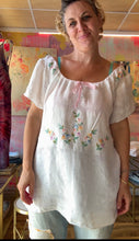 Load image into Gallery viewer, Back view of a white gauzy handmade dress tunic with floral embroidery and openwork bands