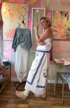 Load image into Gallery viewer, Side view of wide-leg vintage tablecloth pants with lavender waistband and stripe