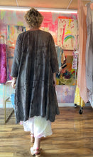 Load image into Gallery viewer, Side view of the chocolate-brown vintage cutwork duster with its open front and long sleeves