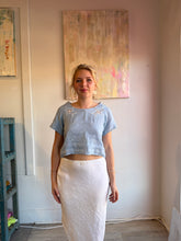 Load image into Gallery viewer, Blue crop raglan tee made from vintage cutwork tablecloth
