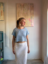 Load image into Gallery viewer, Blue crop raglan tee made from vintage cutwork tablecloth
