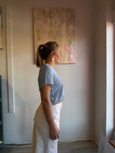 Load image into Gallery viewer, Blue crop raglan tee made from vintage cutwork tablecloth