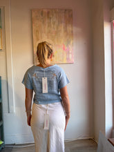 Load image into Gallery viewer, Blue crop raglan tee made from vintage cutwork tablecloth