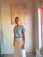 Load image into Gallery viewer, Blue crop raglan tee made from vintage cutwork tablecloth