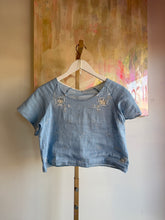 Load image into Gallery viewer, Blue crop raglan tee made from vintage cutwork tablecloth