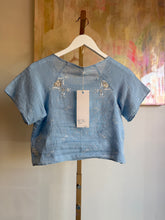 Load image into Gallery viewer, Blue crop raglan tee made from vintage cutwork tablecloth