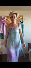 Load image into Gallery viewer, Hand-dyed pastel satin cupro slip dress in pink, lavender, and blue, close-up front view