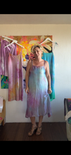 Load image into Gallery viewer, Hand-dyed pastel satin cupro slip dress in pink, lavender, and blue, front view