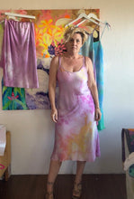 Load image into Gallery viewer, Hand-dyed heavyweight cupro bias cut slip dress in pink, lavender, and gold, front view close up