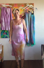 Load image into Gallery viewer, Hand-dyed heavyweight cupro bias cut slip dress in pink, lavender, and gold, front view smiling