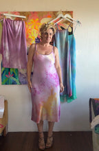 Load image into Gallery viewer, Hand-dyed heavyweight cupro bias cut slip dress in pink, lavender, and gold, front view