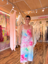 Load image into Gallery viewer, Full-length front view of pink blue green and yellow cupro slip dress