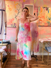 Load image into Gallery viewer, Front view of hand-dyed textured cupro slip dress styled with flat shoes