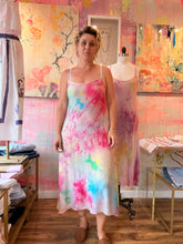 Load image into Gallery viewer, Close-up of bumpy textured cupro and pink hand-dyed pattern on slip dress
