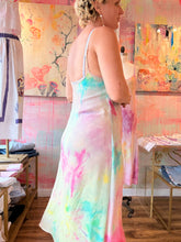 Load image into Gallery viewer, Back view of hand-dyed textured cupro slip dress showing slim straps and flared hem