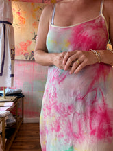Load image into Gallery viewer, Angled back view of multicolored hand-dyed cupro slip dress