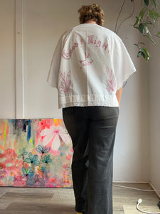 Raglan sleeve "redwork" linen embroidery top