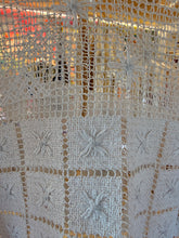 Load image into Gallery viewer, Close-up of floral filet-style lace showing square mesh and star-like floral motifs
