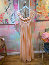 Load image into Gallery viewer, V26046 peach gown with shoulder, neck ruffle